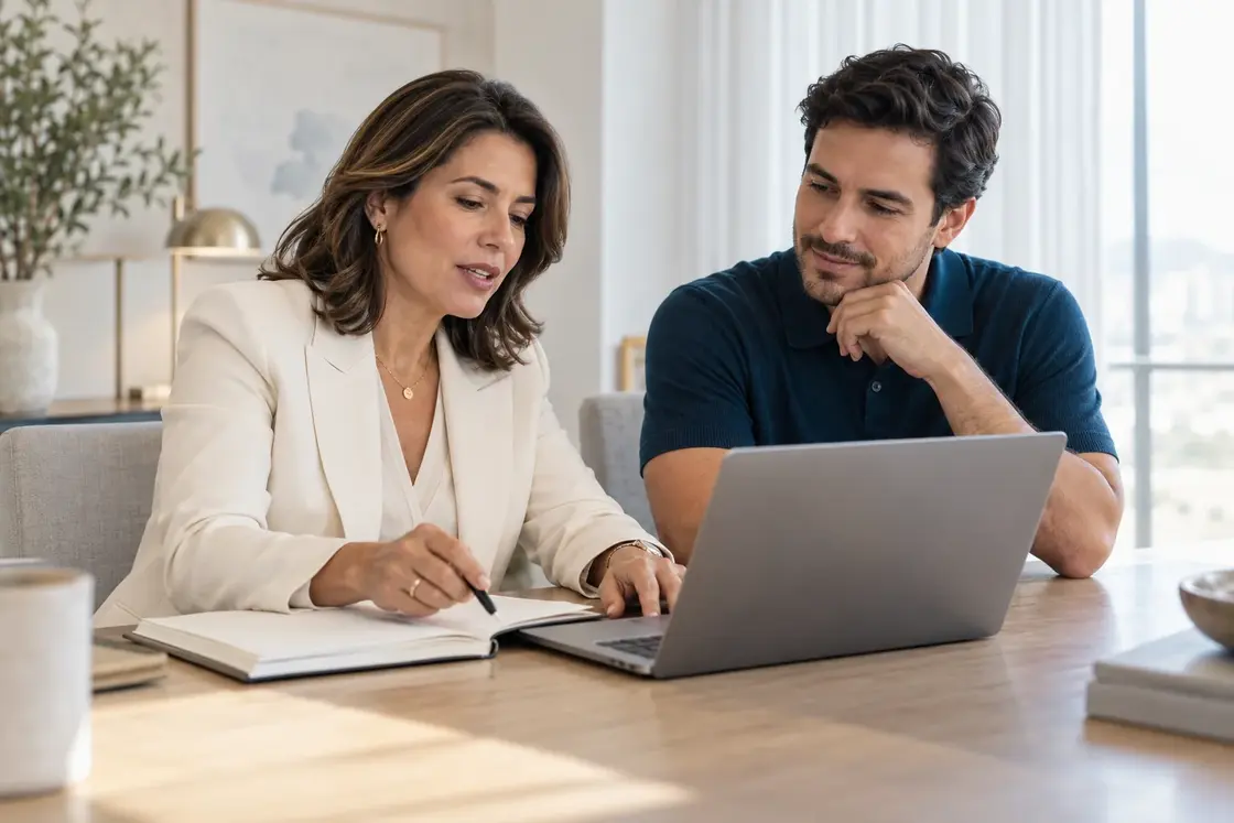 Dos profesionales coordinan un plan de formación con una computadora y un cuaderno de trabajo.