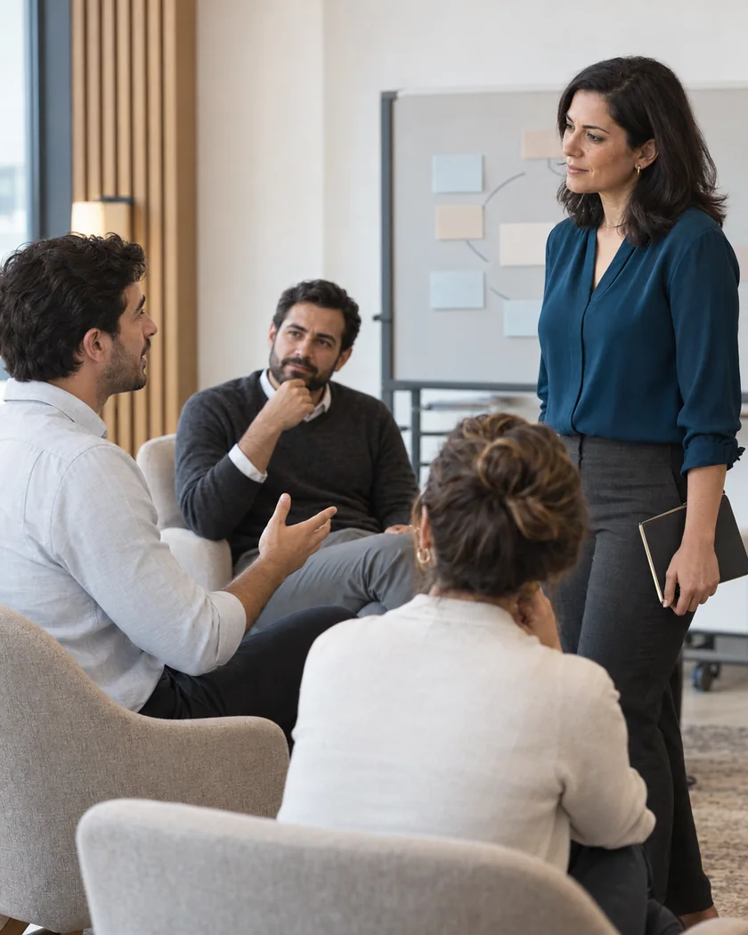 Personas intercambiando ideas y escuchándose durante una sesión de trabajo.