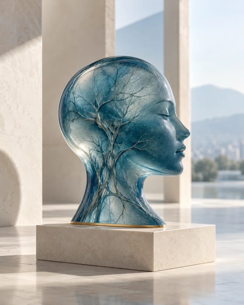 Escultura de un perfil humano en vidrio azul petróleo, integrada en un espacio arquitectónico: la mente en el centro de la organización.